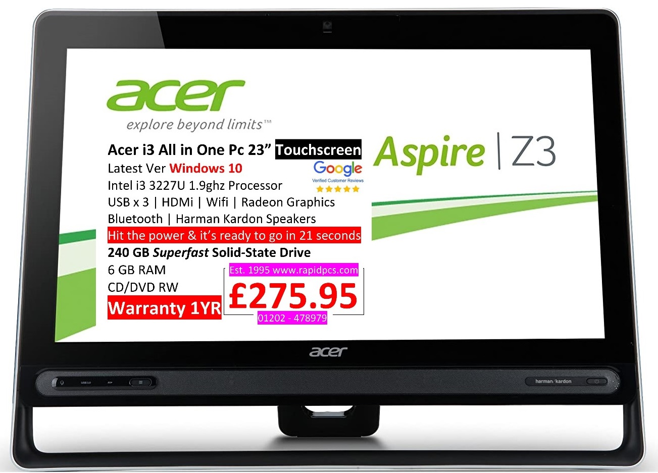 Acer i3 All in One Pc 23” Touchscreen | Rapid PCs